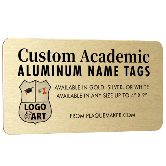 A rectangular gold aluminum metal name tag with rounded corners, set on a white background, featuring customizable printed text and placeholder artwork.