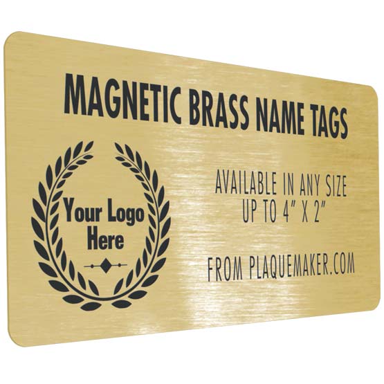 Custom Brass Magnetic Name Badge Laser Fused To Show Customizable Areas For Text And Art Against White Background