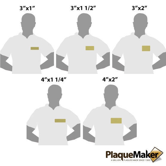 Size Guide With Blank Figures Different Sizes Of Blank Brass Metal Name Tags From Set Of Ten Against A White Background