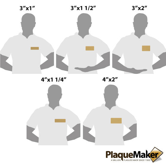 Size Guide With Blank Figures Wearing Different Sizes Of Custom Bronze Magnetic Name Badge Against White Background