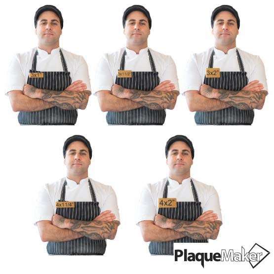 Size Guide Featuring 5 Popular Sizes Of Custom Bronze Name Tags Up To 4x2 Inches.