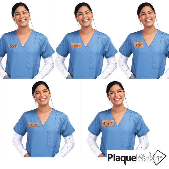 Size Guide Featuring Woman Wearing 5 Popular Sizes Of Custom Copper Medical Name Tags Up To 4x2 Inches.