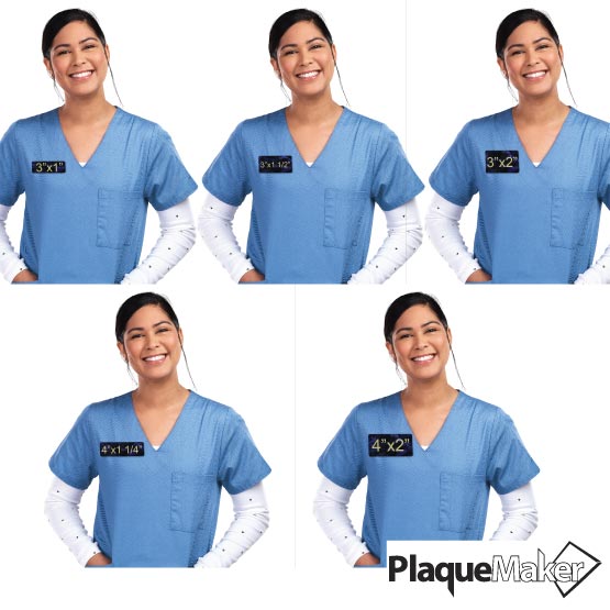 Size Guide Featuring Woman Wearing 5 Popular Sizes Of Laser Engraved Aluminum Medical Name Tags Up To 4x2 Inches.