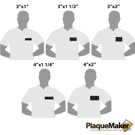 Size Guide Featuring 5 Popular Sizes Of Black Faux Leather Name Tags Up To 4x2 Inches.