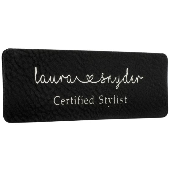 Laser Engraved Black with Silver Custom Faux Leather Name Tag With Logo.