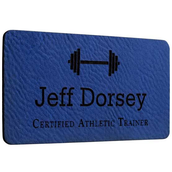 Laser Engraved Blue Custom Faux Leather Name Tag With Logo.