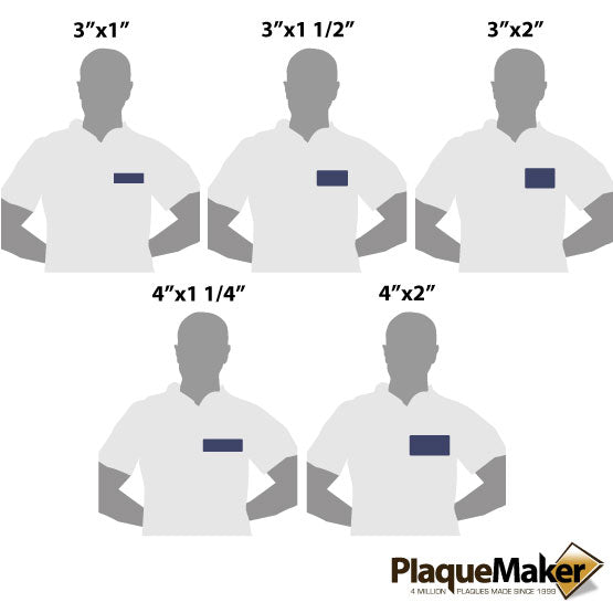 Size Guide Featuring 5 Popular Sizes Of Blue Faux Leather Name Tags Up To 4x2 Inches.