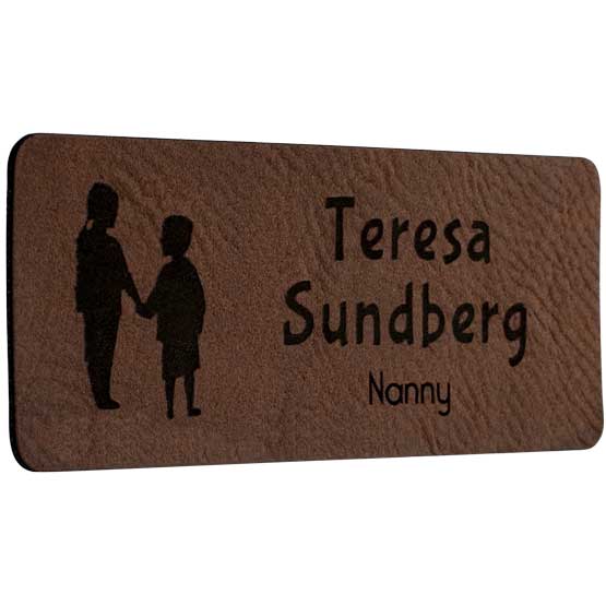 Laser Engraved Dark Brown Custom Faux Leather Name Tag With Logo.