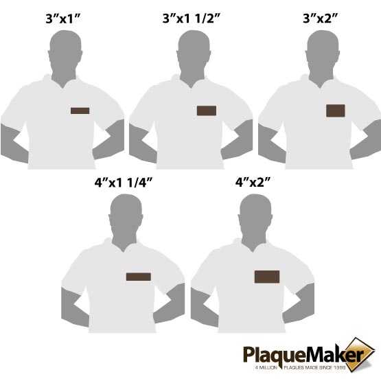 Size Guide Featuring 5 Popular Sizes Of Dark Brown Faux Leather Name Tags Up To 4x2 Inches.