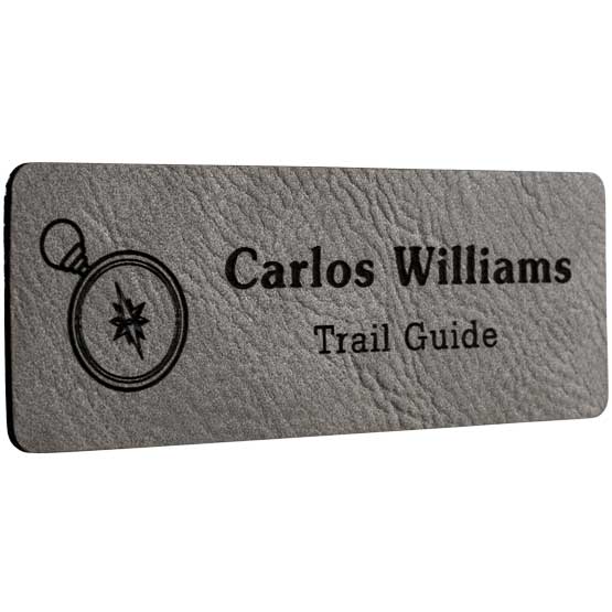 Laser Engraved Gray Custom Faux Leather Name Tag With Logo.