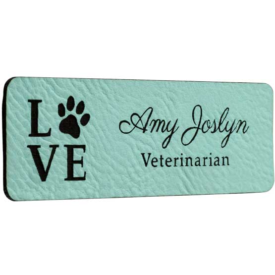 Laser Engraved Teal Custom Faux Leather Name Tag With Logo.