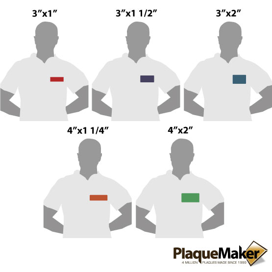 Size Guide With Blank Figures Wearing Different Sizes And Colors Of Plastic Magnetic Name Badges Against A White Background