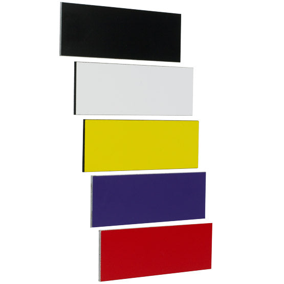 Different Color Samples Of Blank Plastic Name Tag For Black And White And Yellow And Blue And Red Against White Background