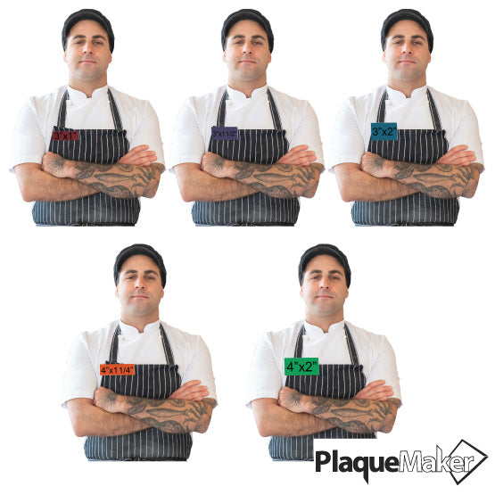 Size Guide With Man Wearing Different Sizes And Colors Of Blank Plastic Name Tags From Set Of Ten