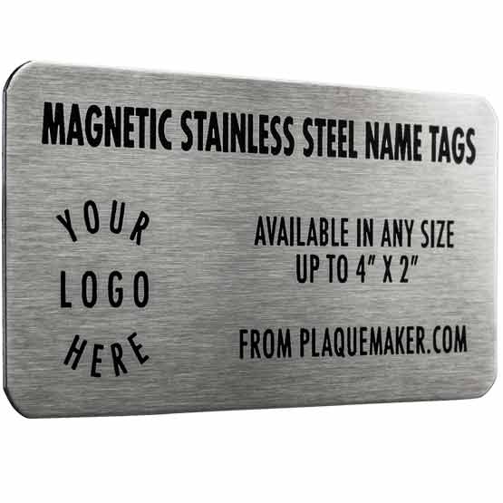 Stainless Steel Magnetic Name Badge Laser Fused With Product Description And Showing Customizable Options And Areas