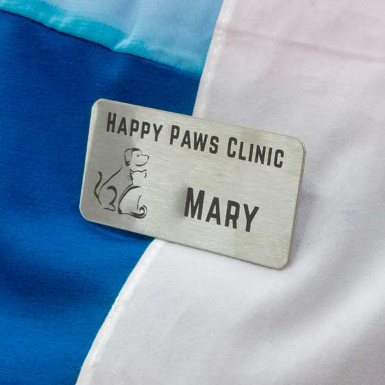 Stainless Steel Magnetic Name Badge Laser Fused With Pets Art And Name And Happy Paws Clinic Text Fastened To Uniform