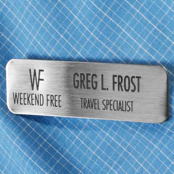 Custom Engraved Stainless Steel Name Tag With Logo And Title Attached To Dress Shirt.