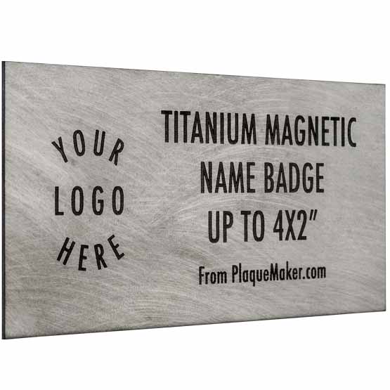 Titanium Magnetic Name Badge Laser Fused With Product Description And Showing Customizable Options And Areas