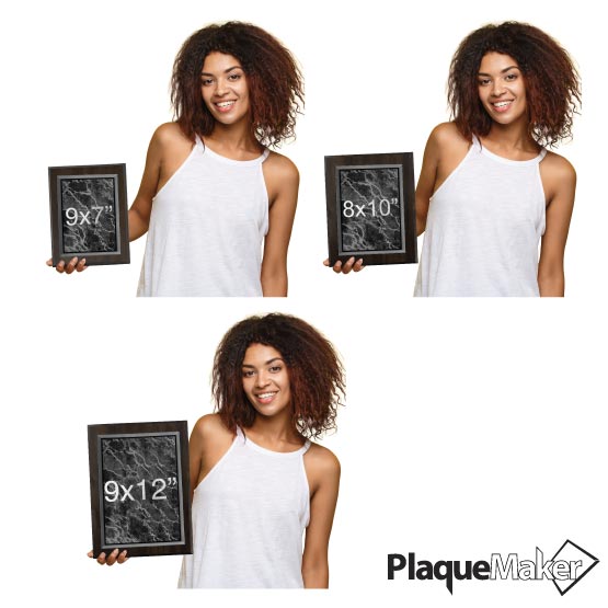 Size Guide With Woman Holding Three Different Sizes Of Custom Black Marble Themed Acrylic Plaque With Wood Board