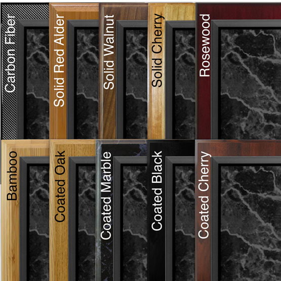 Comparison of board options with black marble acrylic plaque