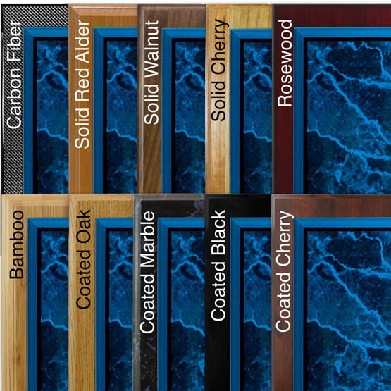 Comparison of board options with blue marble acrylic plaque