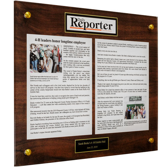 Custom Arcylic Newspaper Plaques With Your Article, Text, Pictures, And Logos.