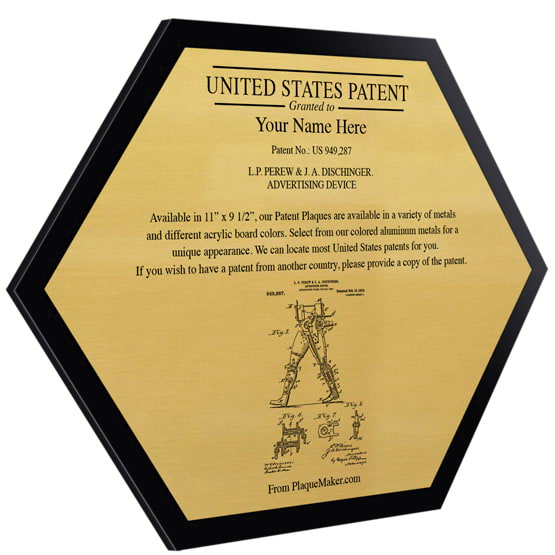 Honeycomb Shaped Patent Plaque With Black Acrylic Board And Gold Aluminum Plate Color Printed To Show Customizable Options