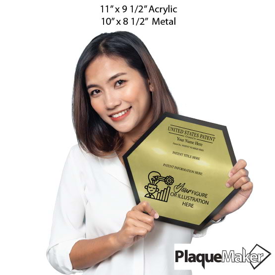 Size Guide With Woman Holding Honeycomb Shaped Patent Plaque With Black Acrylic Board And Gold Plate And Sample Details