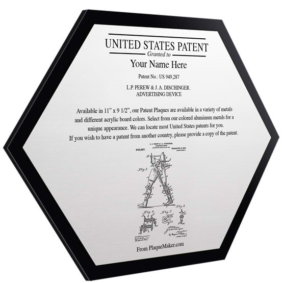 Honeycomb Shaped Patent Plaque With Black Acrylic Board And Silver Aluminum Plate Color Printed To Show Customizable Options