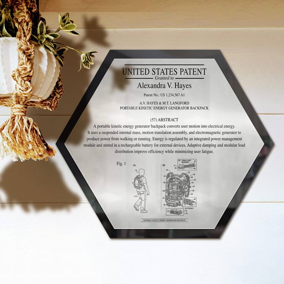 Honeycomb Patent Plaque With Black Acrylic Board And Silver Plate Printed With Sample Details Mounted Onto Wall Near Plant
