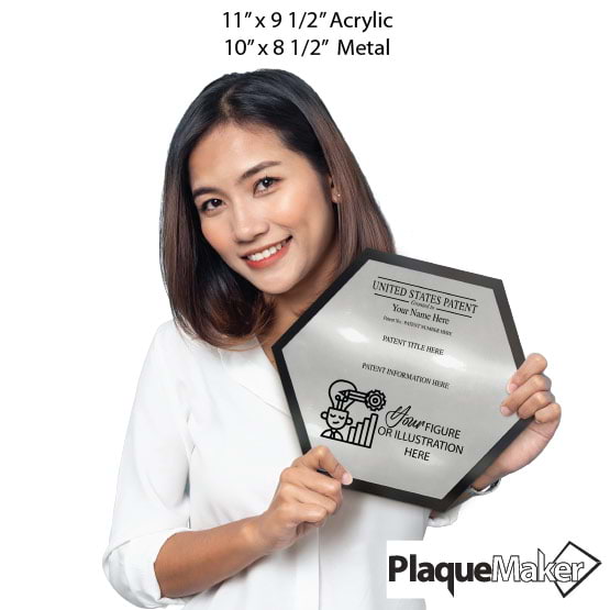 Size Guide With Woman Holding Honeycomb Shaped Patent Plaque With Black Acrylic Board And Silver Plate And Sample Details