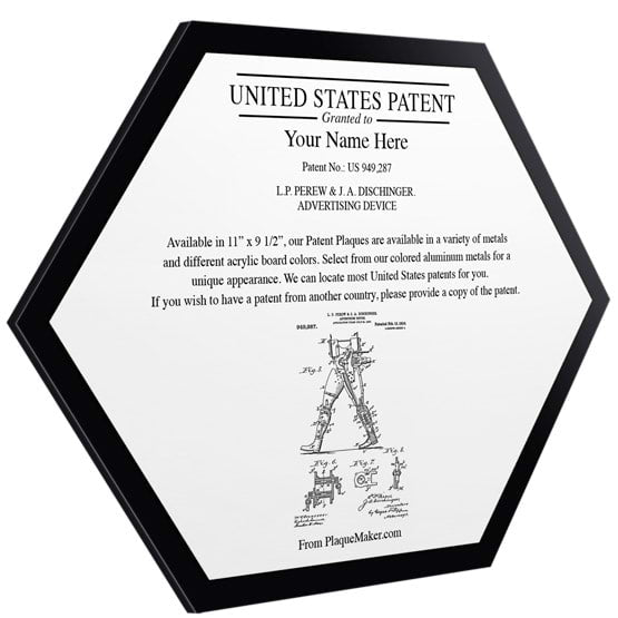 Honeycomb Shaped Patent Plaque With Black Acrylic Board And White Aluminum Plate Color Printed To Show Customizable Options