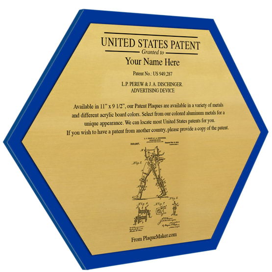 Honeycomb Shaped Patent Plaque With Blue Acrylic Board And Gold Aluminum Plate Color Printed To Show Customizable Options