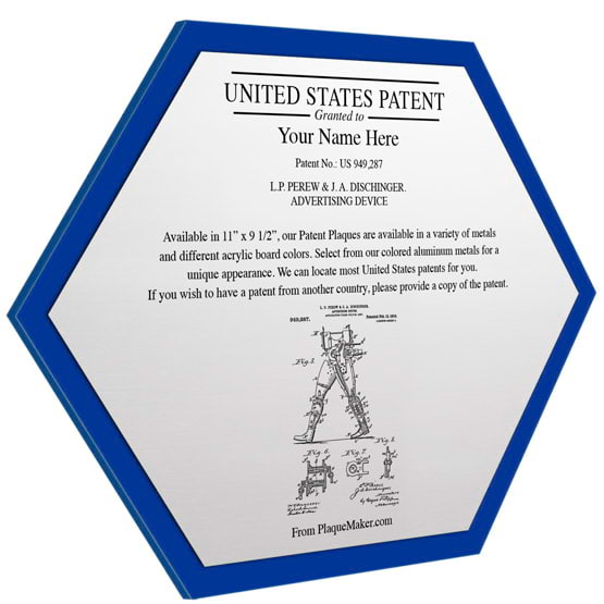 Honeycomb Shaped Patent Plaque With Blue Acrylic Board And Silver Aluminum Plate Color Printed To Show Customizable Options