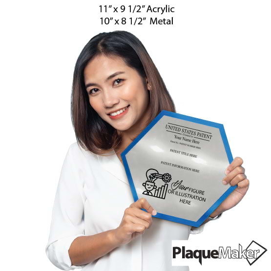 Size Guide With Woman Holding Honeycomb Shaped Patent Plaque With Blue Acrylic Board And Silver Plate And Sample Details
