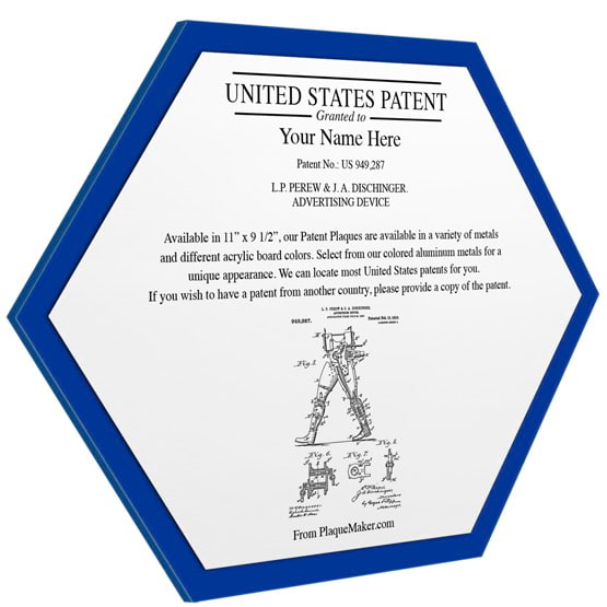 Honeycomb Shaped Patent Plaque With Blue Acrylic Board And White Aluminum Plate Color Printed To Show Customizable Options