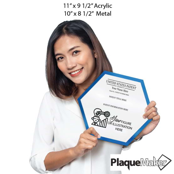 Size Guide With Woman Holding Honeycomb Shaped Patent Plaque With Blue Acrylic Board And White Plate And Sample Details