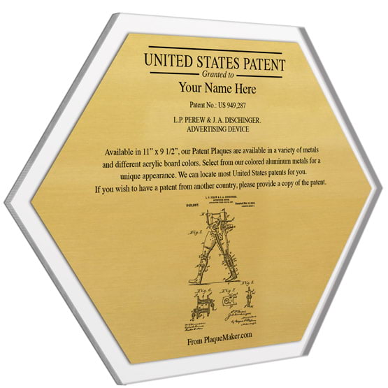 Honeycomb Shaped Patent Plaque With Clear Acrylic Board And Gold Aluminum Plate Color Printed To Show Customizable Options