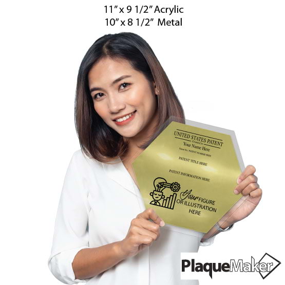 Size Guide With Woman Holding Honeycomb Shaped Patent Plaque With Clear Acrylic Board And Gold Plate And Sample Details