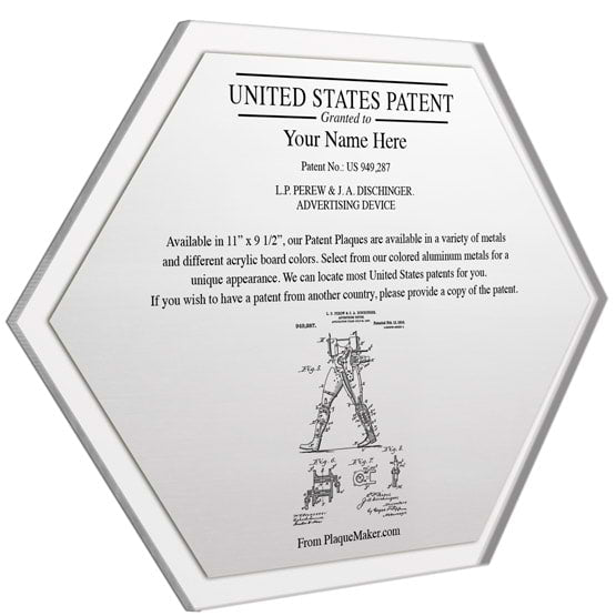 Honeycomb Shaped Patent Plaque With Clear Acrylic Board And Silver Aluminum Plate Color Printed To Show Customizable Options