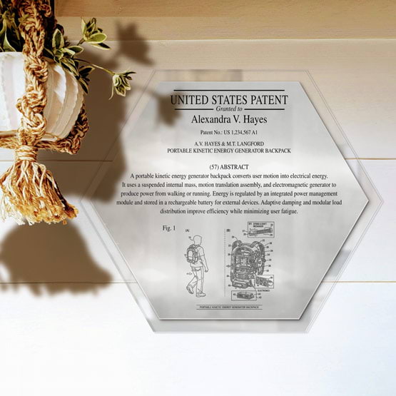 Honeycomb Patent Plaque With Clear Acrylic Board And Silver Plate Printed With Sample Details Mounted Onto Wall Near Plant