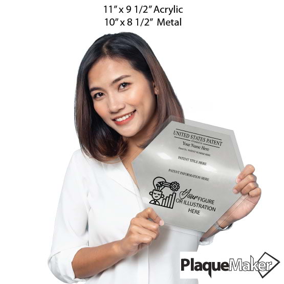 Size Guide With Woman Holding Honeycomb Shaped Patent Plaque With Clear Acrylic Board And Silver Plate And Sample Details