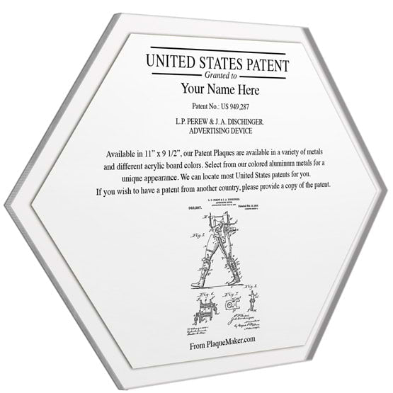 Honeycomb Shaped Patent Plaque With Clear Acrylic Board And White Aluminum Plate Color Printed To Show Customizable Options