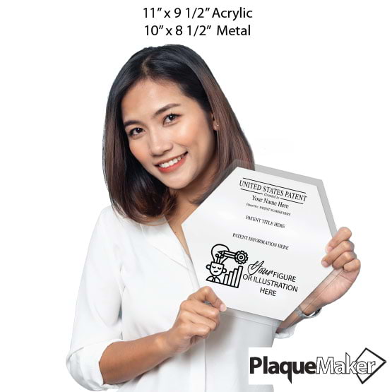 Size Guide With Woman Holding Honeycomb Shaped Patent Plaque With Clear Acrylic Board And White Plate And Sample Details