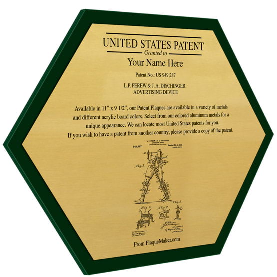Honeycomb Shaped Patent Plaque With Green Acrylic Board And Gold Aluminum Plate Color Printed To Show Customizable Options