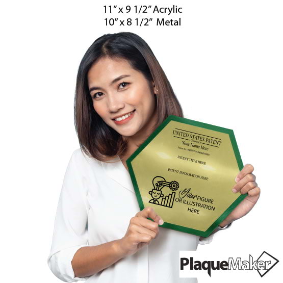 Size Guide With Woman Holding Honeycomb Shaped Patent Plaque With Green Acrylic Board And Gold Plate And Sample Details