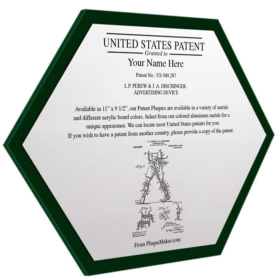 Honeycomb Shaped Patent Plaque With Green Acrylic Board And Silver Aluminum Plate Color Printed To Show Customizable Options