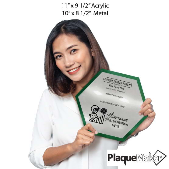 Size Guide With Woman Holding Honeycomb Shaped Patent Plaque With Green Acrylic Board And Silver Plate And Sample Details