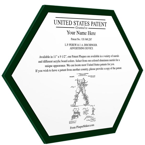 Honeycomb Shaped Patent Plaque With Green Acrylic Board And White Aluminum Plate Color Printed To Show Customizable Options