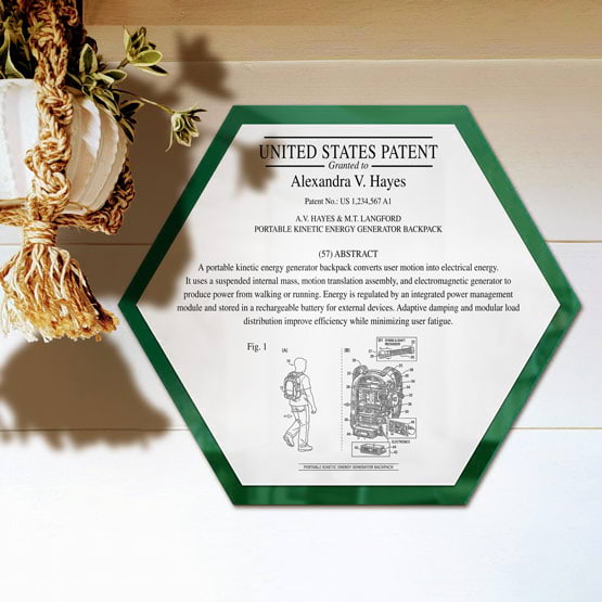 Honeycomb Patent Plaque With Green Acrylic Board And White Plate Printed With Sample Details Mounted Onto Wall Near Plant